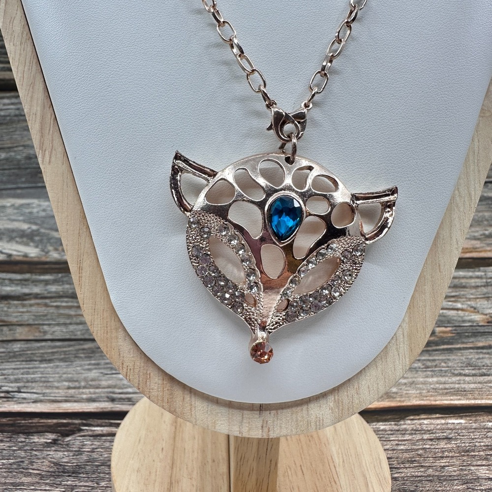 Rose Gold Tone Fox Pendant Necklace Blue Crystal Rhinestone Boho Statement Gift